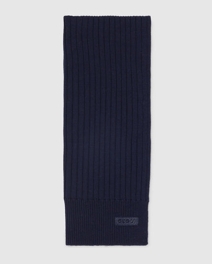 Gucci Ribbed Knit Wool Scarf with Leather Logo Tag – Dark Blue