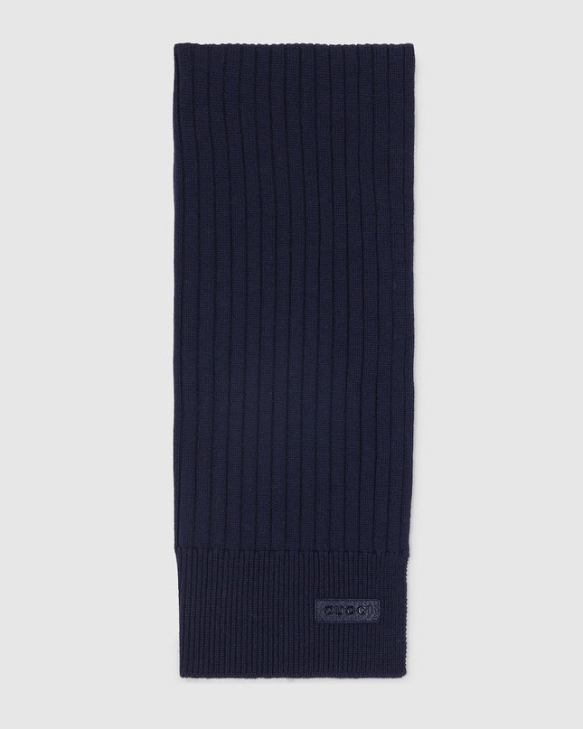 Gucci Ribbed Knit Wool Scarf with Leather Logo Tag – Dark Blue