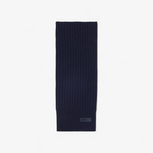 Gucci Ribbed Knit Wool Scarf with Leather Logo Tag – Dark Blue