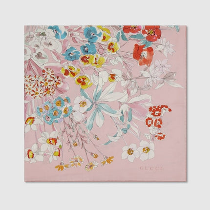 Gucci Romantic Floral Silk Twill Carré Scarf – Light Pink