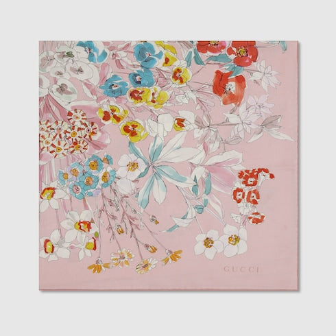 Gucci Romantic Floral Silk Twill Carré Scarf – Light Pink
