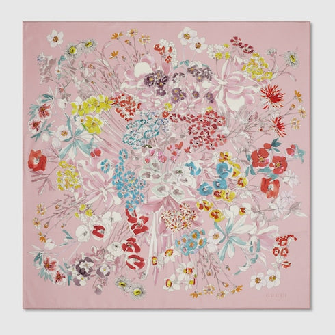 Gucci Romantic Floral Silk Twill Carré Scarf – Light Pink