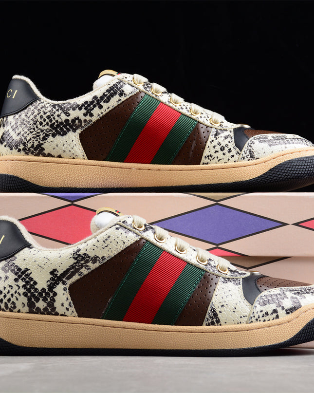Gucci Snake-Print Leather Sneaker with Green-Red Web Stripe