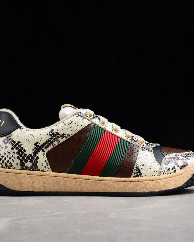 Gucci Snake-Print Leather Sneaker with Green-Red Web Stripe
