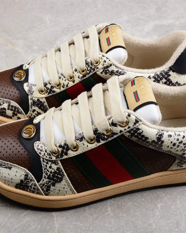 Gucci Snake-Print Leather Sneaker with Green-Red Web Stripe