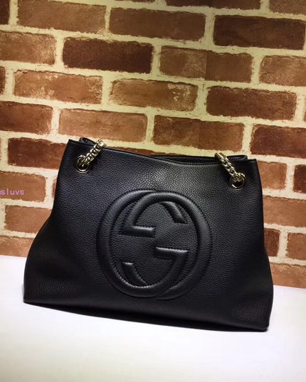 Gucci Soho Chain Tote Bag – Black Pebbled Leather with GG Logo