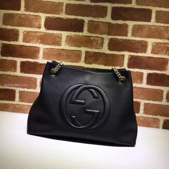 Gucci Soho Chain Tote Bag – Black Pebbled Leather with GG Logo