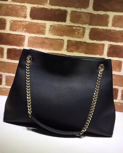 Gucci Soho Chain Tote Bag – Black Pebbled Leather with GG Logo