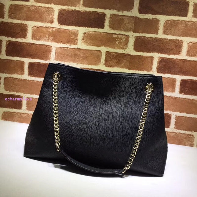 Gucci Soho Chain Tote Bag – Black Pebbled Leather with GG Logo