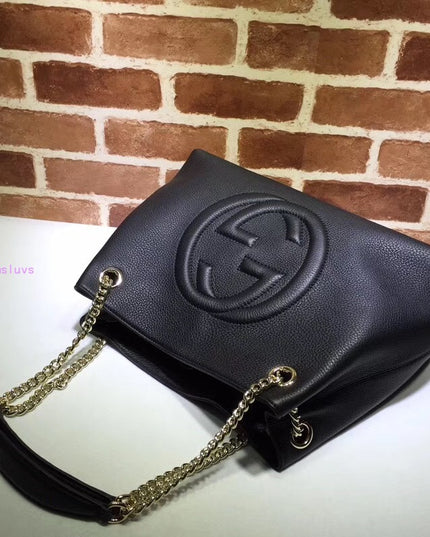 Gucci Soho Chain Tote Bag – Black Pebbled Leather with GG Logo