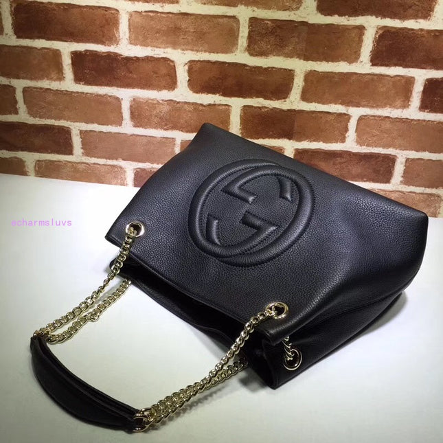 Gucci Soho Chain Tote Bag – Black Pebbled Leather with GG Logo