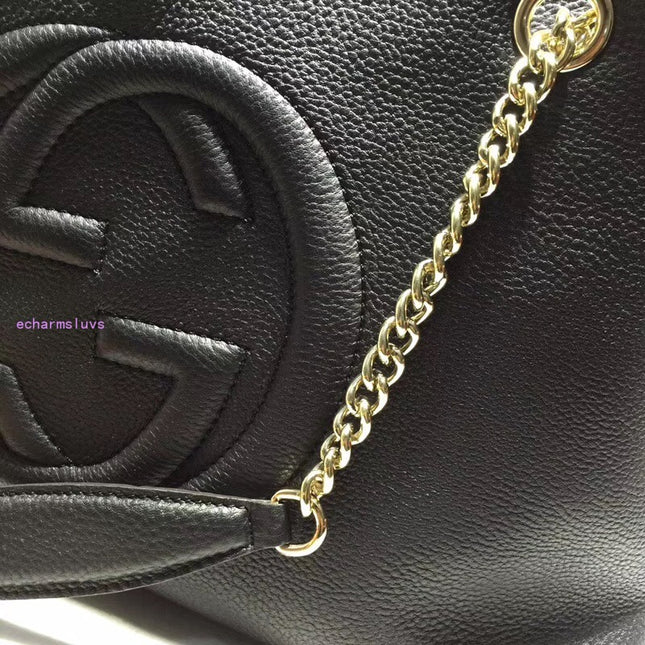 Gucci Soho Chain Tote Bag – Black Pebbled Leather with GG Logo