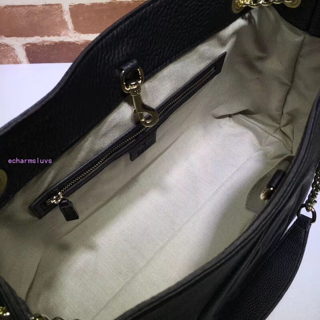 Gucci Soho Chain Tote Bag – Black Pebbled Leather with GG Logo