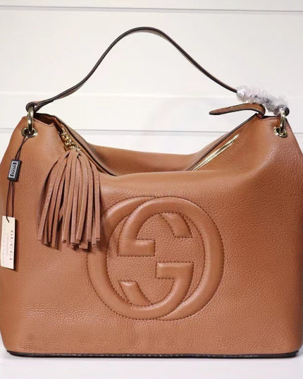 Gucci Soho Shoulder Tote Bag – 35cm Camel Brown Leather with Tassel Zip