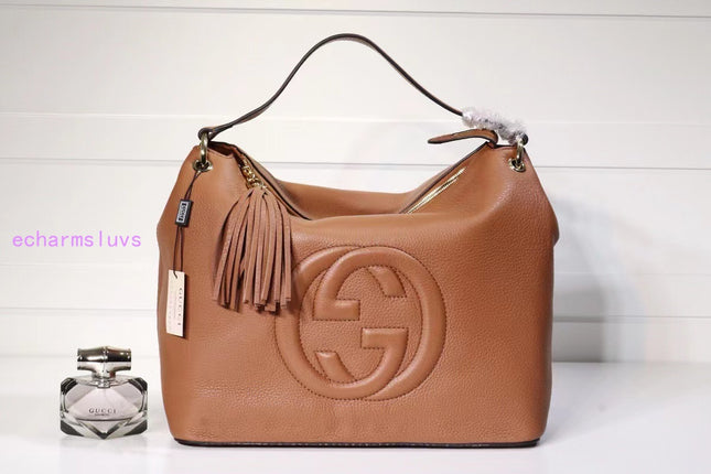 Gucci Soho Shoulder Tote Bag – 35cm Camel Brown Leather with Tassel Zip