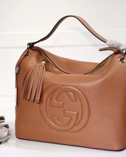 Gucci Soho Shoulder Tote Bag – 35cm Camel Brown Leather with Tassel Zip