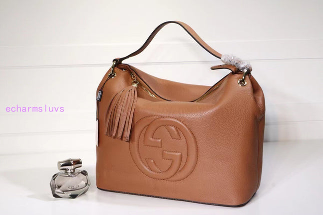 Gucci Soho Shoulder Tote Bag – 35cm Camel Brown Leather with Tassel Zip