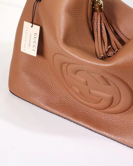 Gucci Soho Shoulder Tote Bag – 35cm Camel Brown Leather with Tassel Zip