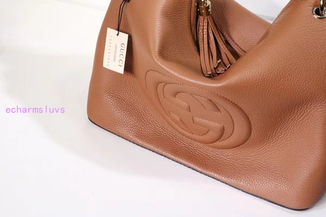 Gucci Soho Shoulder Tote Bag – 35cm Camel Brown Leather with Tassel Zip