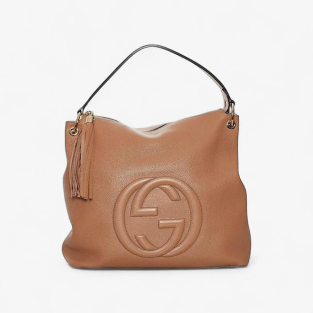 Gucci Soho Shoulder Tote Bag – 35cm Camel Brown Leather with Tassel Zip