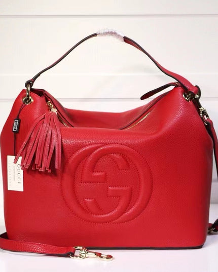 Gucci Soho Shoulder Tote Bag – Red Pebbled Leather with Tassel Zip