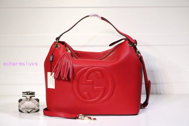 Gucci Soho Shoulder Tote Bag – Red Pebbled Leather with Tassel Zip