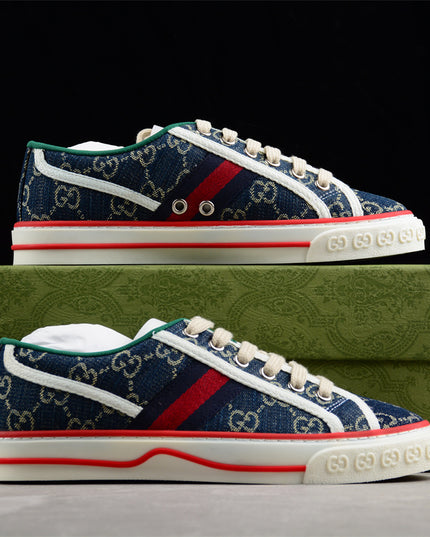 Gucci Tennis 1977 GG Denim Sneaker with Red Piping