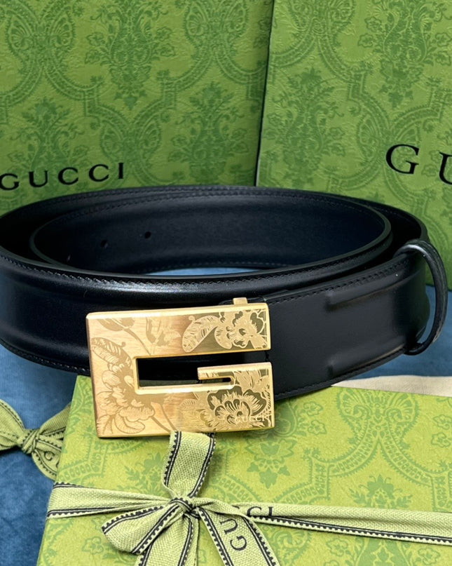 Gucci Thin Belt – Black Leather with Floral Engraved Square G Buckle