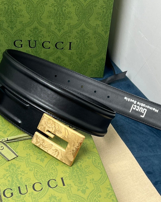Gucci Thin Belt – Black Leather with Floral Engraved Square G Buckle