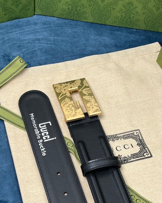 Gucci Thin Belt – Black Leather with Floral Engraved Square G Buckle