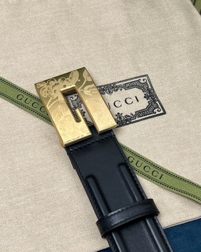 Gucci Thin Belt – Black Leather with Floral Engraved Square G Buckle