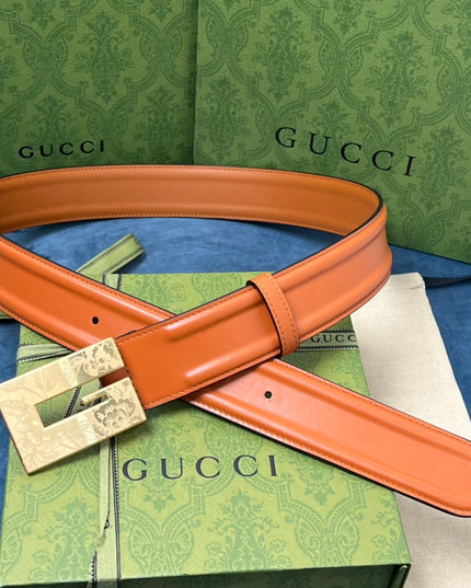 Gucci Thin Belt – Orange Leather with Engraved Square G Buckle