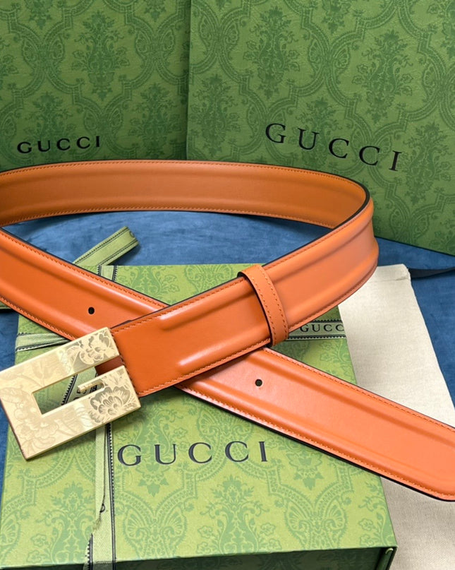 Gucci Thin Belt – Orange Leather with Engraved Square G Buckle