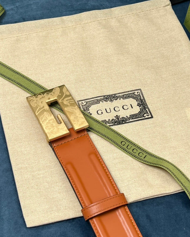 Gucci Thin Belt – Orange Leather with Engraved Square G Buckle