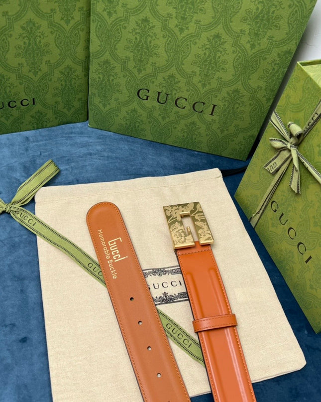 Gucci Thin Belt – Orange Leather with Engraved Square G Buckle