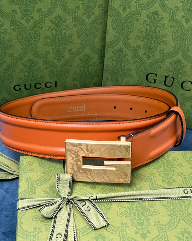 Gucci Thin Belt – Orange Leather with Engraved Square G Buckle