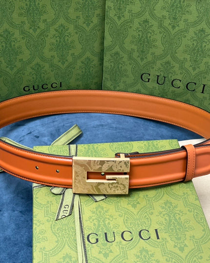 Gucci Thin Belt – Orange Leather with Engraved Square G Buckle