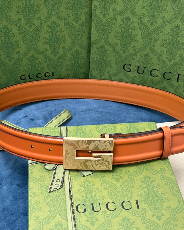 Gucci Thin Belt – Orange Leather with Engraved Square G Buckle