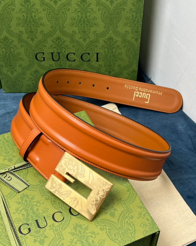Gucci Thin Belt – Orange Leather with Engraved Square G Buckle