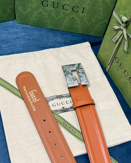 Gucci Thin Belt – Orange Leather with Palladium Engraved Square G Buckle