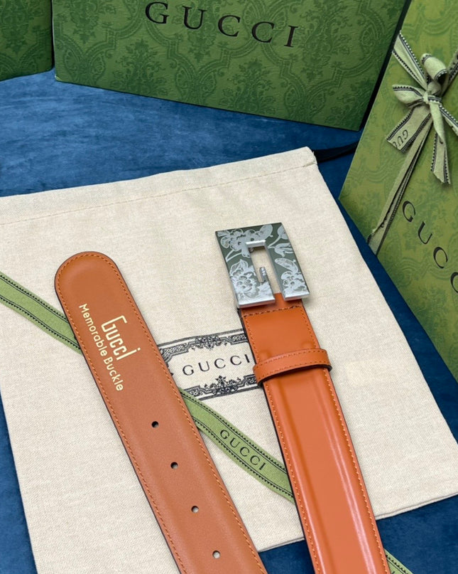 Gucci Thin Belt – Orange Leather with Palladium Engraved Square G Buckle