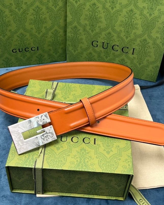 Gucci Thin Belt – Orange Leather with Palladium Engraved Square G Buckle