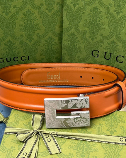 Gucci Thin Belt – Orange Leather with Palladium Engraved Square G Buckle