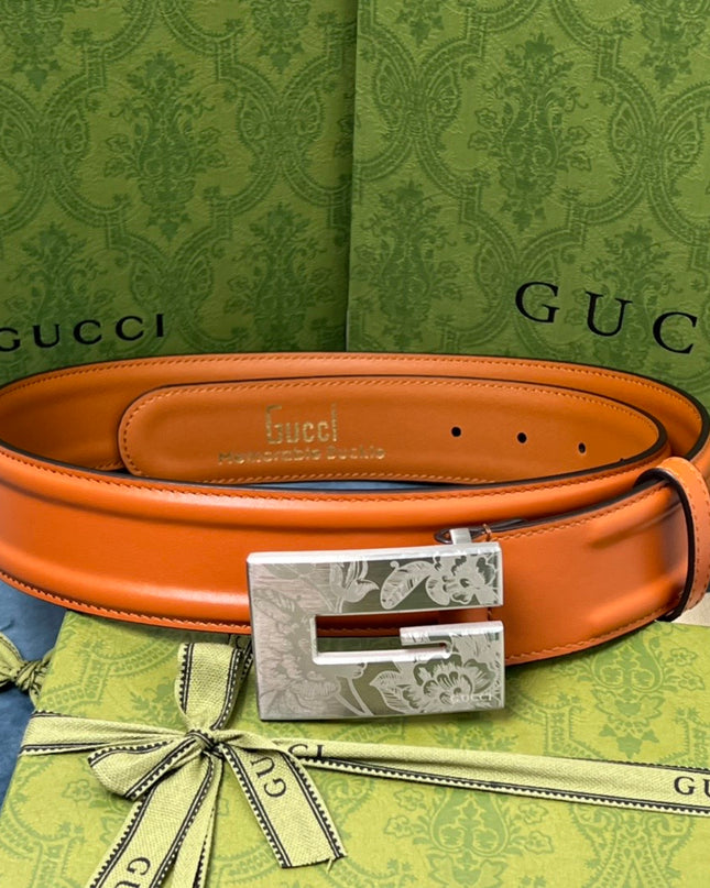 Gucci Thin Belt – Orange Leather with Palladium Engraved Square G Buckle