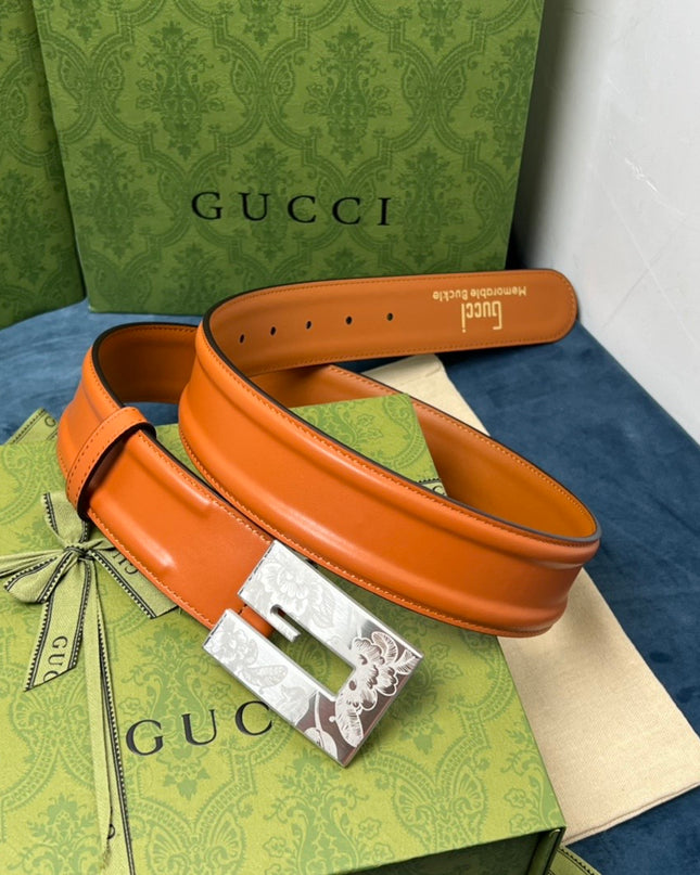 Gucci Thin Belt – Orange Leather with Palladium Engraved Square G Buckle