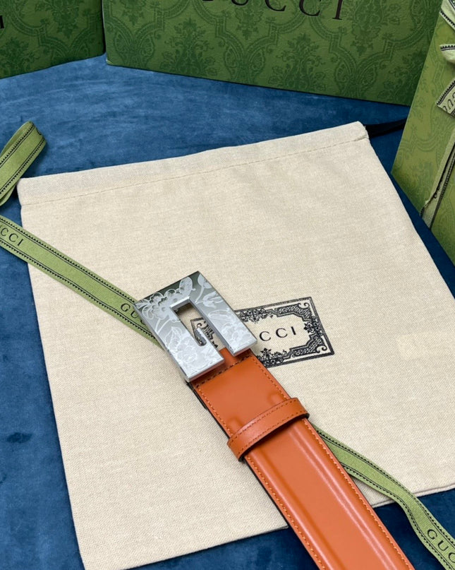 Gucci Thin Belt – Orange Leather with Palladium Engraved Square G Buckle