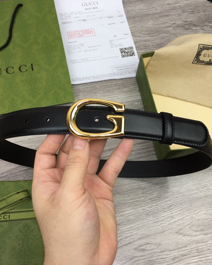 Gucci Thin Leather Belt 655566 – Black with Gold G Buckle