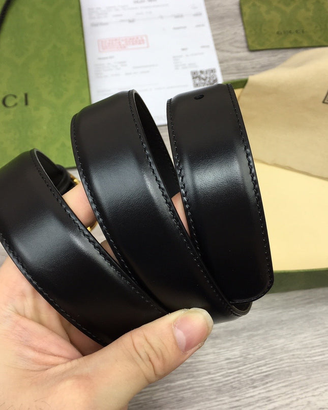 Gucci Thin Leather Belt 655566 – Black with Gold G Buckle
