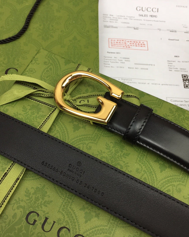 Gucci Thin Leather Belt 655566 – Black with Gold G Buckle