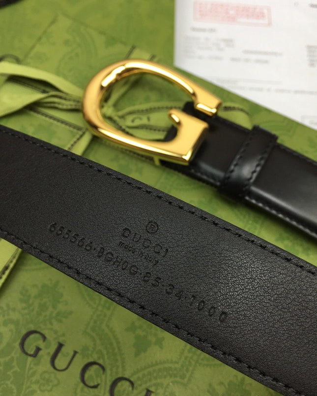 Gucci Thin Leather Belt 655566 – Black with Gold G Buckle